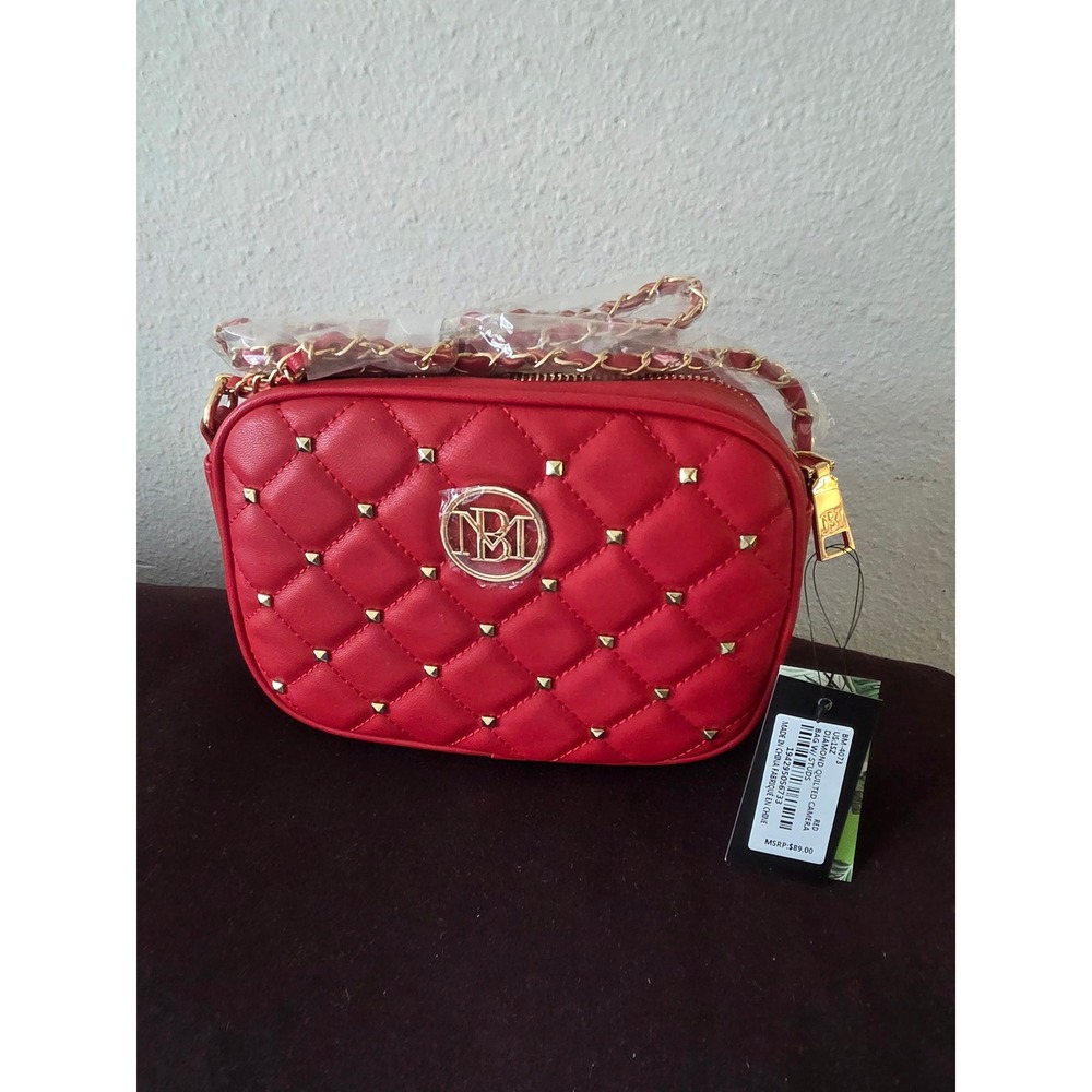 Studio Badgley Mischka Red Quilted Studded‎ Camera Bag BM-4073 Crossbody